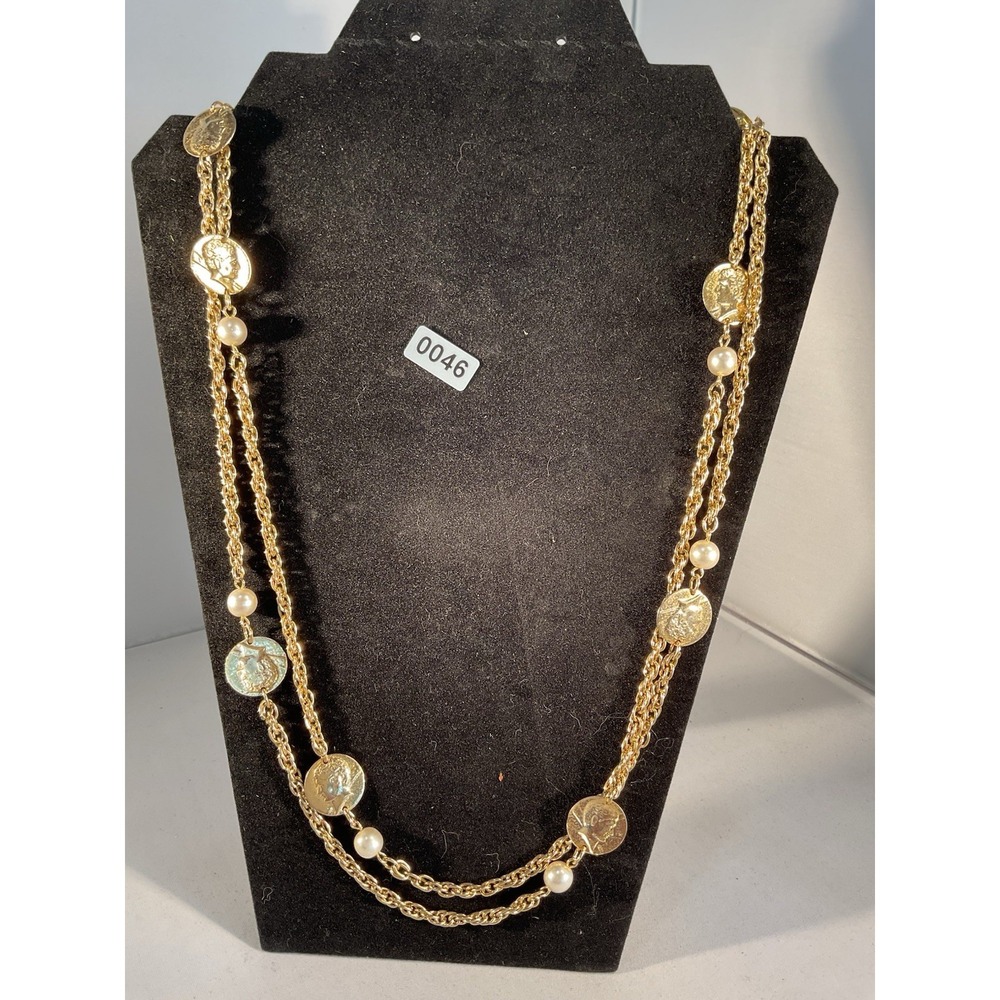 Vintage Gold Tone Necklace Faux Pearl  Coin Charms 26 Inch